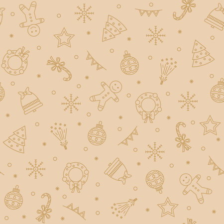 Seamless vector pattern for Christmas on a golden background with gold elements Christmas. Beautiful pattern for a luxurious gift wrapping paper, t-shirts, greeting cardsのイラスト素材