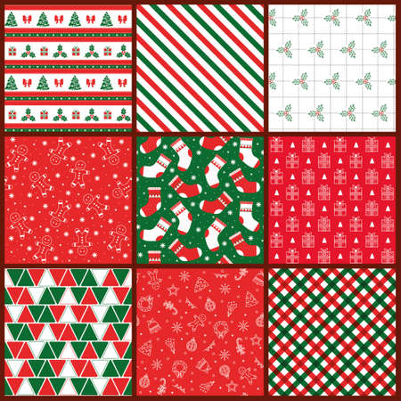 set of vector Christmas patterns, 9 different patterns, red and green colorsのイラスト素材