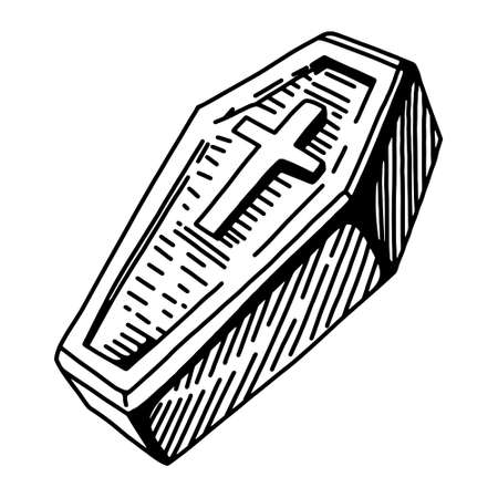 Coffin with cross isolated on white. Hand drawing sketch vector illustration.のイラスト素材