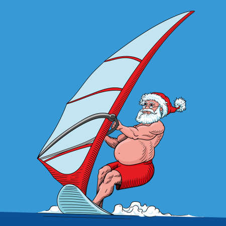 Happy Australia Santa Claus is surfing on a sea big wave, vector illustrationのイラスト素材