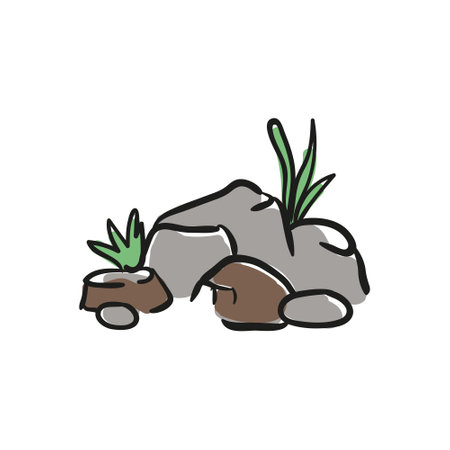 vector doodle drawing of stones with grass, color isolatedのイラスト素材