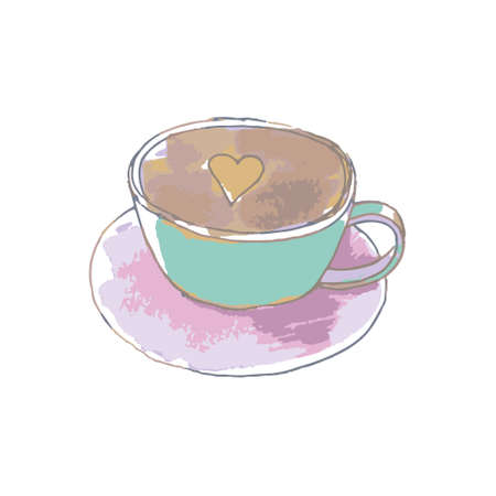 vector drawing of a doodle cup with a saucer, with a heart, isolatedのイラスト素材
