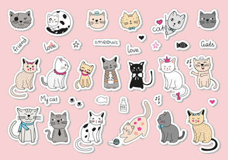 set stickers with cats. Hand-drawn vector doodle drawings, cute catsのイラスト素材