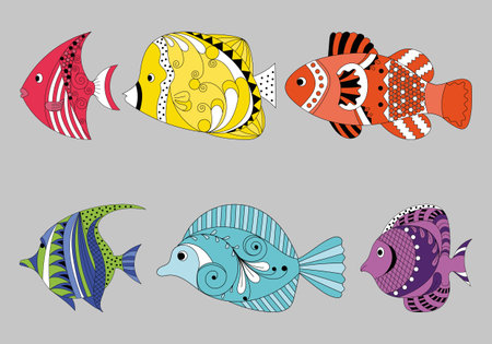 set vector tropical fish with ornament, decorativeのイラスト素材