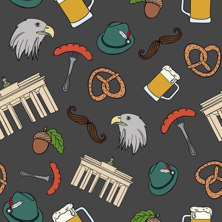 Seamless pattern hand drawn doodle set of Germany icons. Vector illustration set. Cartoon German landmark. Sketchy Europe travel elementsのイラスト素材