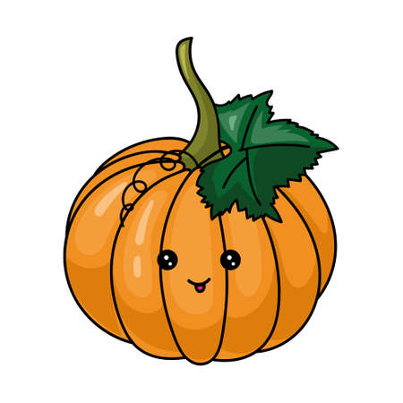 Isolated vector cartoon orange pumpkin with kawaii face on white background. Colorful friendly pumpkin vegetable. Cute funny personage. Flat design. For children productのイラスト素材