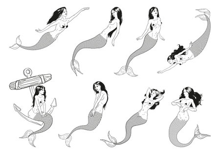 Set of hand drawn cute mermaids. Doodle cartoon vector illustration isolated on white backgroundのイラスト素材