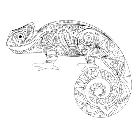 chameleon doodle. stylized zentangle lizard, ornament. coloring book page for adult. Vector illustration. Hand drawn artworkのイラスト素材