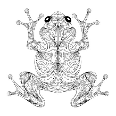 frog stylized zentangle, ornament. coloring book page for adult. Vector illustration. Hand drawn artworkのイラスト素材