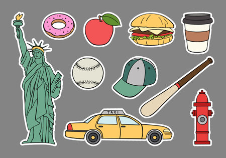 Set of stickers for USA. Symbols of United States of America. Vector illustration for poster, tourism, travel, festive or holidayのイラスト素材
