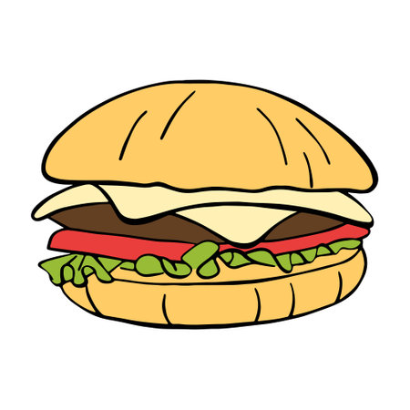 vector doodle burger color, icon on white background, fast food symbol, american foodのイラスト素材