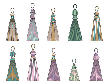Vector illustration tassel. decorative curtain brushes, window decor, vector set of decorative curtain tasselsのイラスト素材