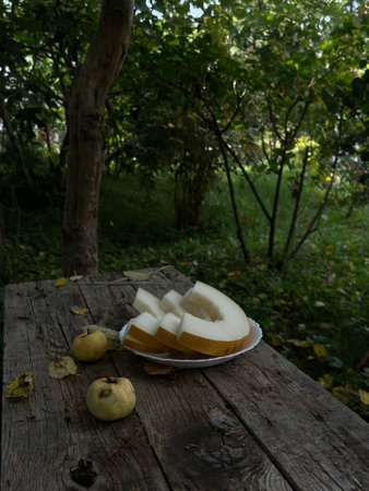 Melon slices on a wooden table. slices of honeydew. Sweet melon from the garden - peeled slices