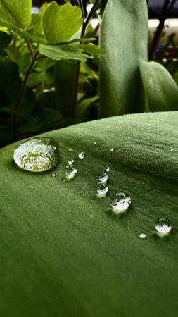 Beautiful large drop morning dew in nature, selective focus. Drops of clean transparent water on...