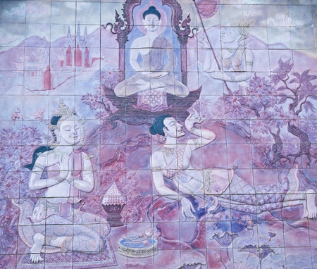 Brick wall decorate about Buddha s biography in temple wall at Chiang Mai, thailand のeditorial素材