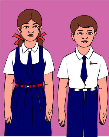 Cute School Girl and boys Characters isolated on pink backgroundのイラスト素材