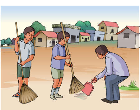 Indian boys sweeping the floor with a broom sticksのイラスト素材