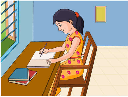 A little cute girl in a yellow dress reading a book sitting on the tableのイラスト素材