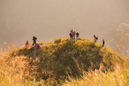 Kanjanaburi,Thailand - November 26, 2010: traveler walk along on a trail on the ridge of mountain at the Thongphaphum national park in Thailand.のeditorial素材