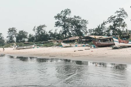 Sandy tropical beach, Arabian Sea, Indian Ocean. Resort Goa, India, beach Arambol. Lifestyle Travel, outdoor activities in nature.のeditorial素材