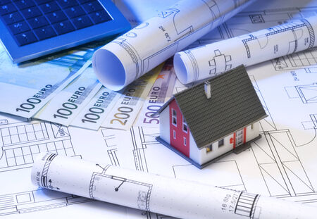 Architecture model with construction plansの写真素材