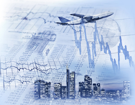 Symbols for international business with skyline of Frankfurt, Germany の写真素材