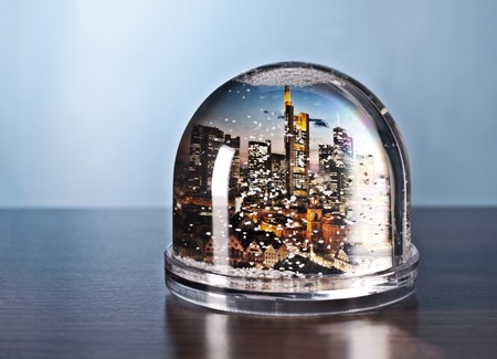 The skyline of Frankfurt in a snow globe の写真素材