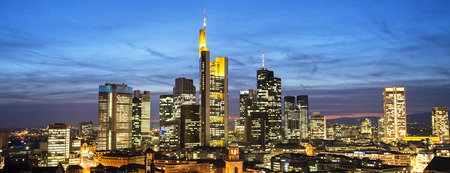 Frankfurt skyline at night in Panorama formatの写真素材