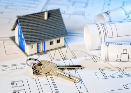 House and two keys on construction plansの写真素材