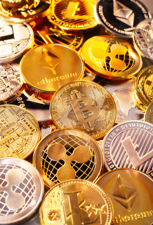 Many coins of various cryptocurrenciesの写真素材
