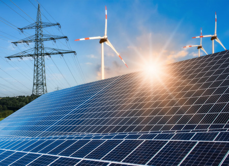 Photovoltaic system, wind turbine and power pole with bright sun