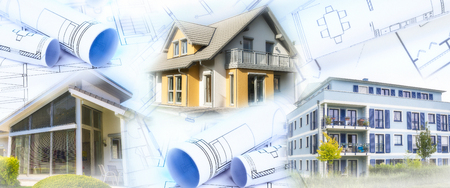 Modern houses and blueprints as a symbol of the construction industry or real estate industry.のeditorial素材
