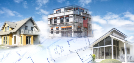 Modern houses a shell and building plans as a symbol of the construction or real estate industry.のeditorial素材