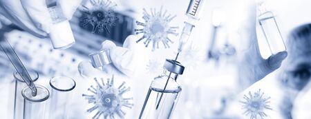 Researchers with viruses, syringe and microscope and many other laboratory utensilsの写真素材