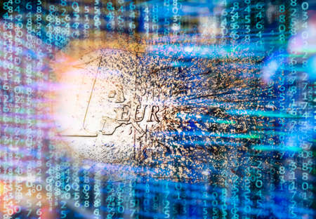 Bitcoin coin dissolves in front of absrtacte background with matrix