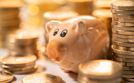 Piggy bank stands between stacks of coinsの写真素材