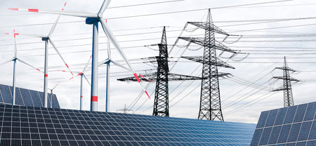 Power poles with wind turbines and solar panels for renewable energyの写真素材