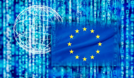 Digital power Europe with European flag, matrix and globeの写真素材