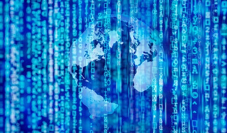 Digital background in blue with globe and matrixの写真素材