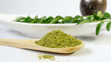 Curry Leaves and powder isolated on white background.の写真素材