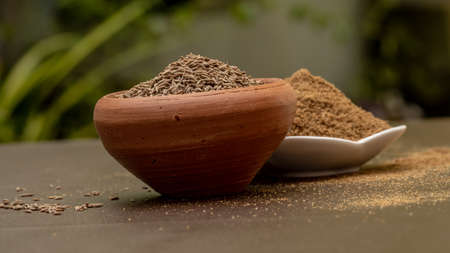 Cumin seeds called Jeera in clay bowl and it's powder in white bowl on dark background.の写真素材