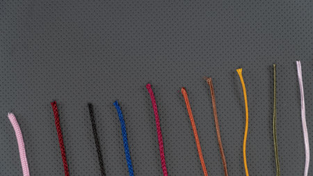 Colorful thread on a dark grey background.の写真素材