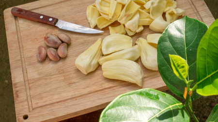 jack fruit  on a wooden board with a knife and a green leafの写真素材