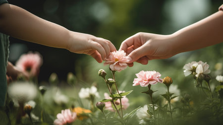 Close-up of children's hands holding flowers in the garden.の素材