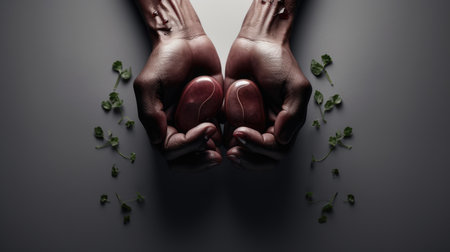Hands of a man and a woman holding a red Easter egg on a dark backgroundの素材