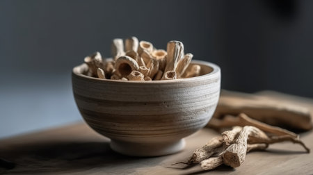 Dried soybean in a bowl on a wooden table, close upの素材