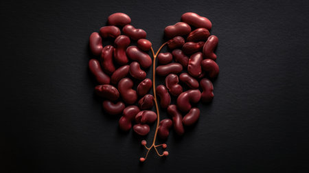 Red kidney beans in heart shape on black background. Top view.の素材