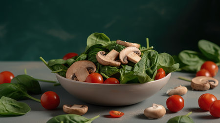 Fresh salad with mushrooms, tomatoes and spinach in a bowl on a gray backgroundの素材