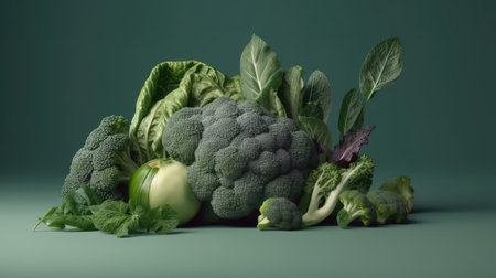 Composition with fresh green vegetables on green background, 3d renderの素材