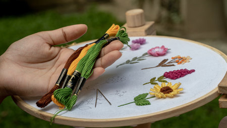 Handcrafted Beauty: Embroidery Floss Threads and Sewn Flowers on a Stand Hoopの写真素材
